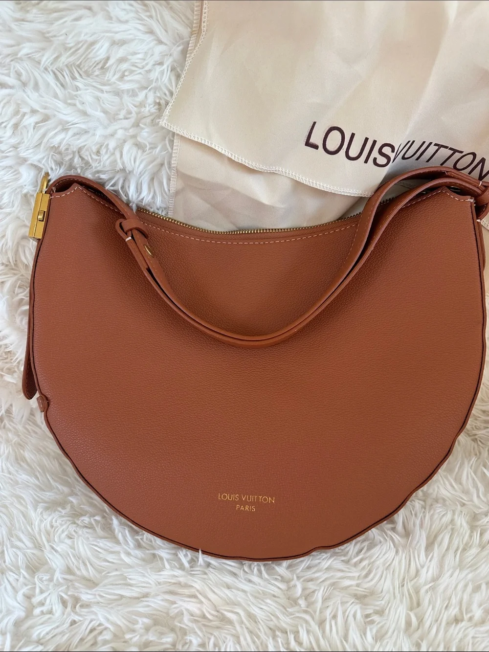 Brown Crescent Shoulder Bag with Gold Hardware